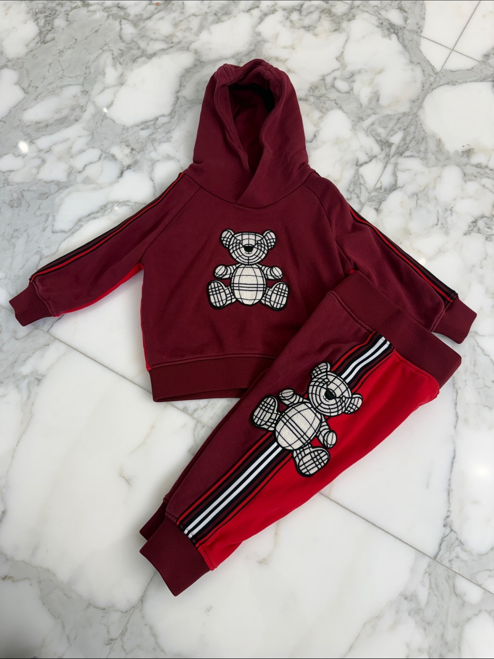 Burberry Kids Burgundy Hoodie & Red Joggers with Teddy Motif